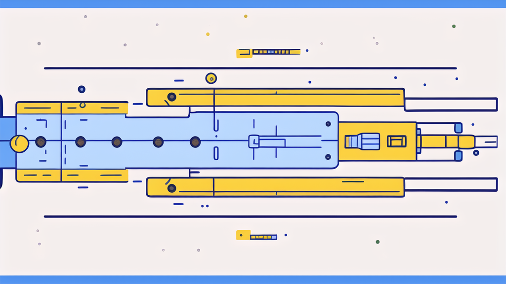 Abstract illustration featuring a horizontal arrangement of blue and yellow geometric shapes and lines on a light background. The shapes resemble mechanical components or circuit elements, conveying a sense of technology and movement.