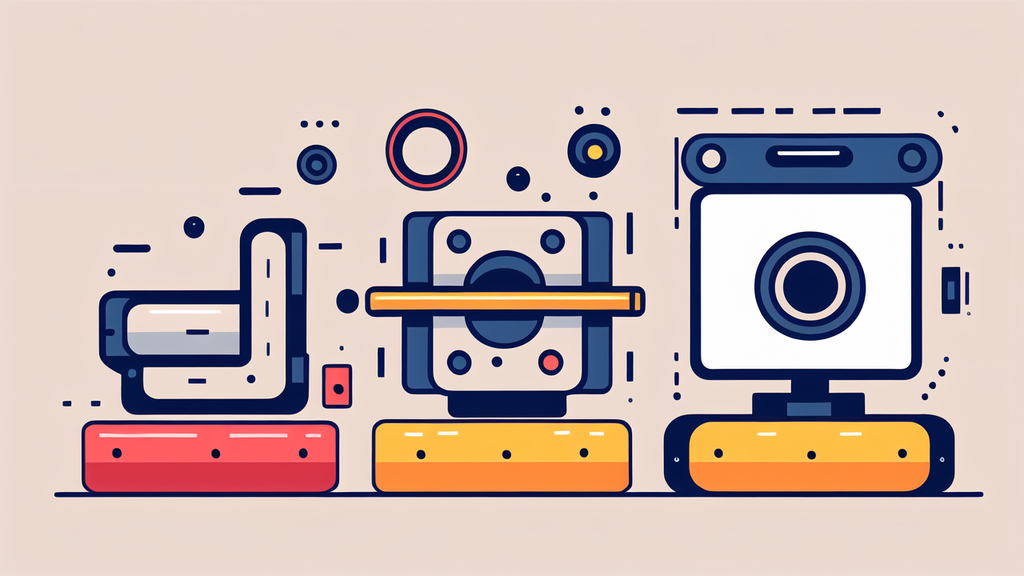 A colorful, abstract illustration featuring three geometrically-stylized objects with circular elements and rectangular bases in shades of red, yellow, blue, and white. The background is a light beige color.