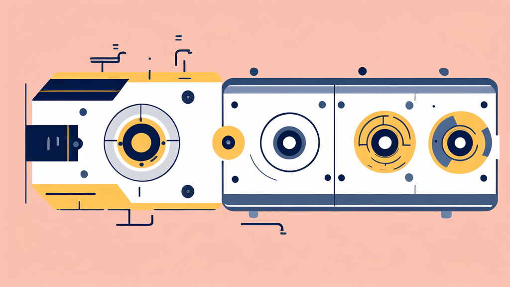 Abstract illustration of interconnected geometric shapes resembling circuit components on a peach background. The design features circles, lines, and rectangles in white, yellow, and dark grey tones.